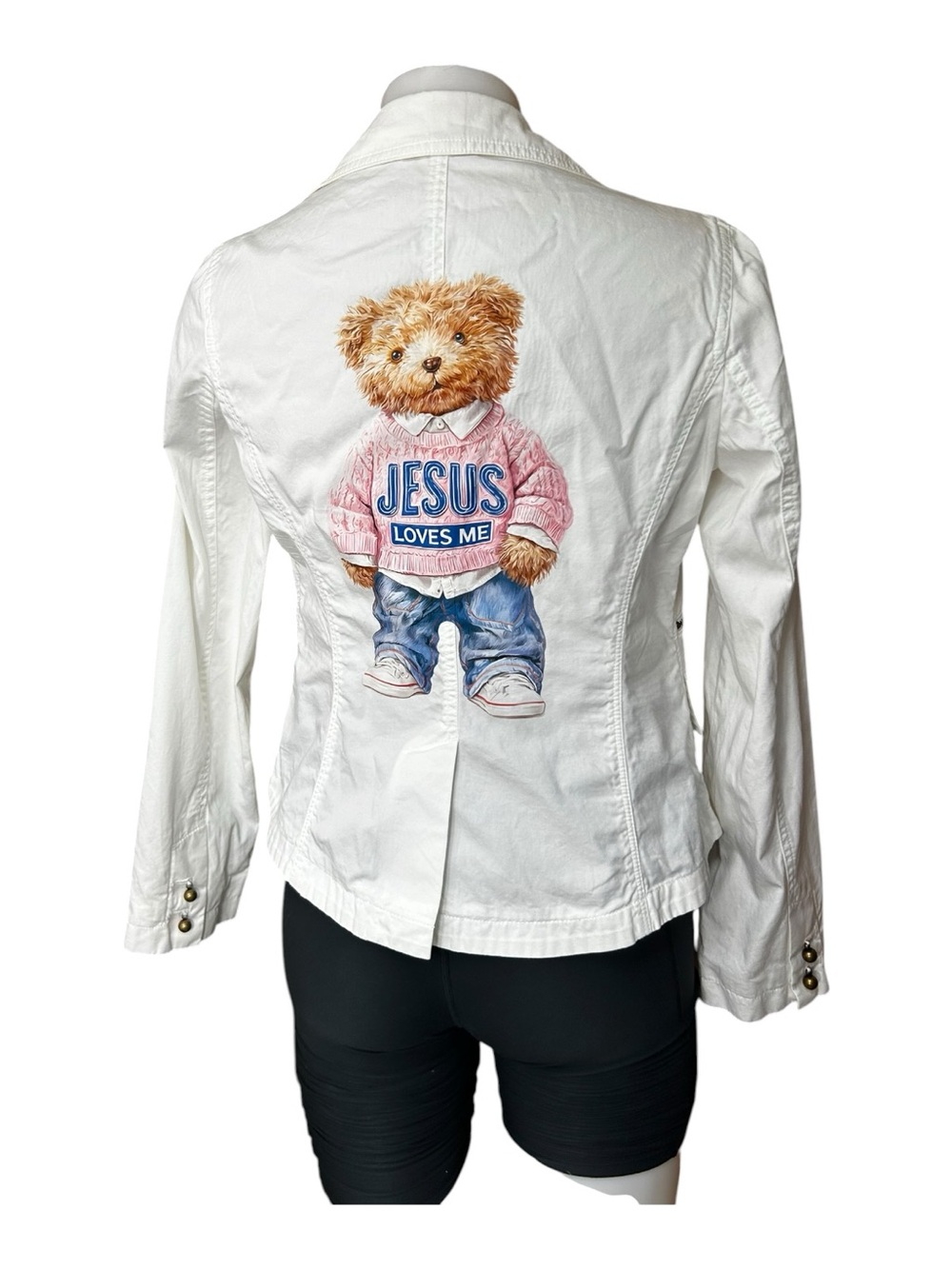 Handcrafted Christian White Blazer – Size XS  “Jesus Loves Me” teddy bear - Picture 3 of 12